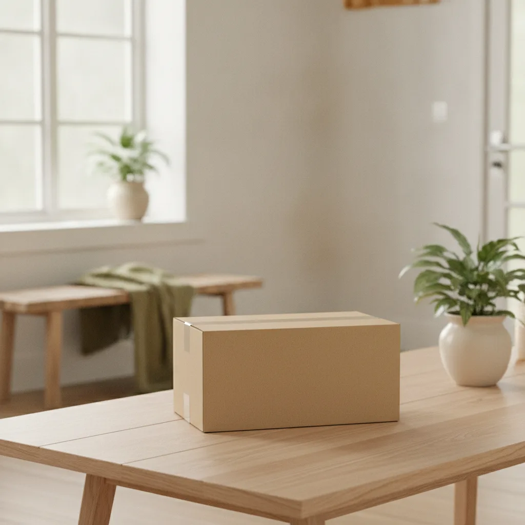 En välpackad paketsändning på ett bord nära en ljus ytterdörr