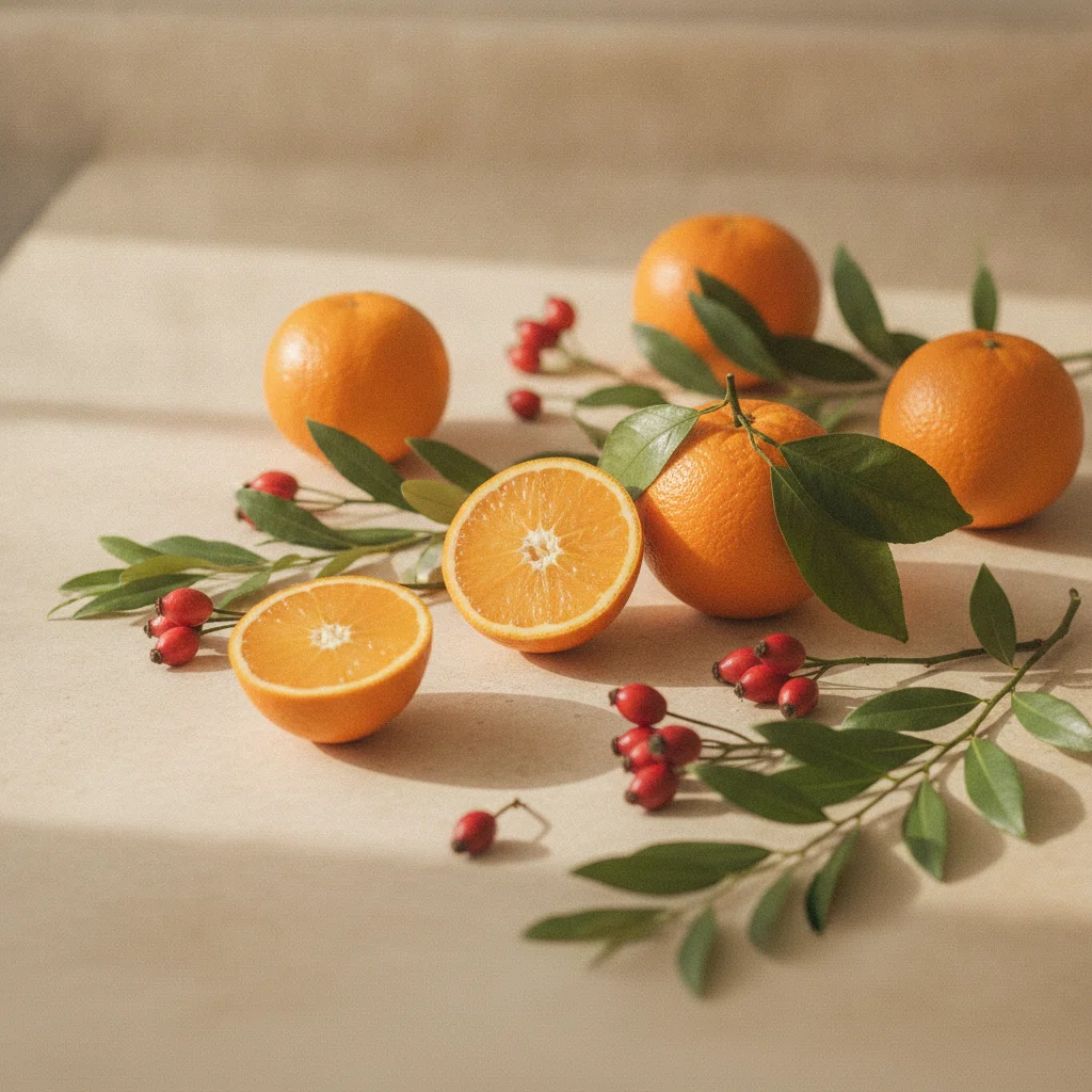 Färska citrusfrukter, nypon och gröna blad på ett ljust stenbord - naturliga ingredienser