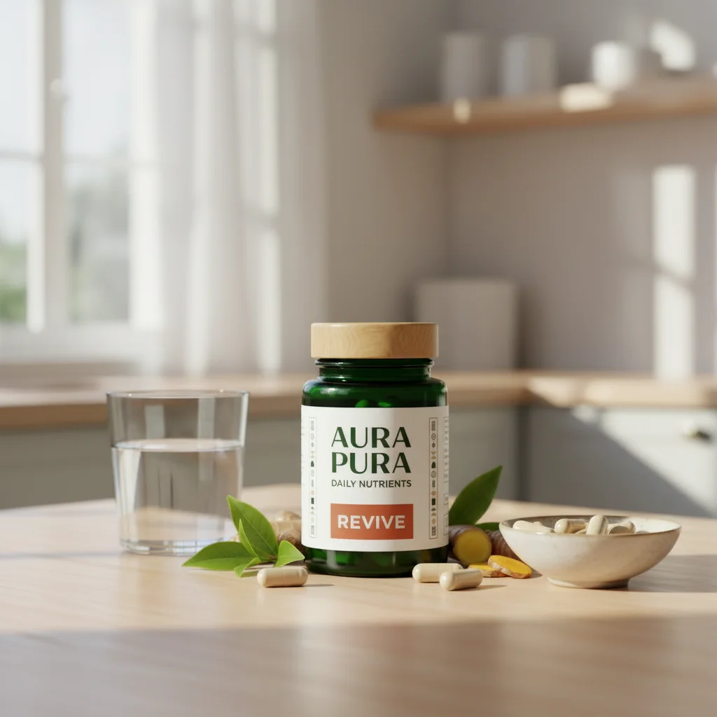 Aura Pura Daily Nutrients burk bredvid ett glas vatten och en frukostskål på ett ljust köksbord