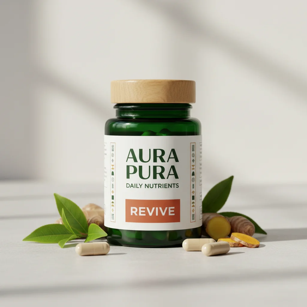 Aura Pura Daily Nutrients - mörk glasburk med silvrig kapsyl och designetikett, 90 kapslar
